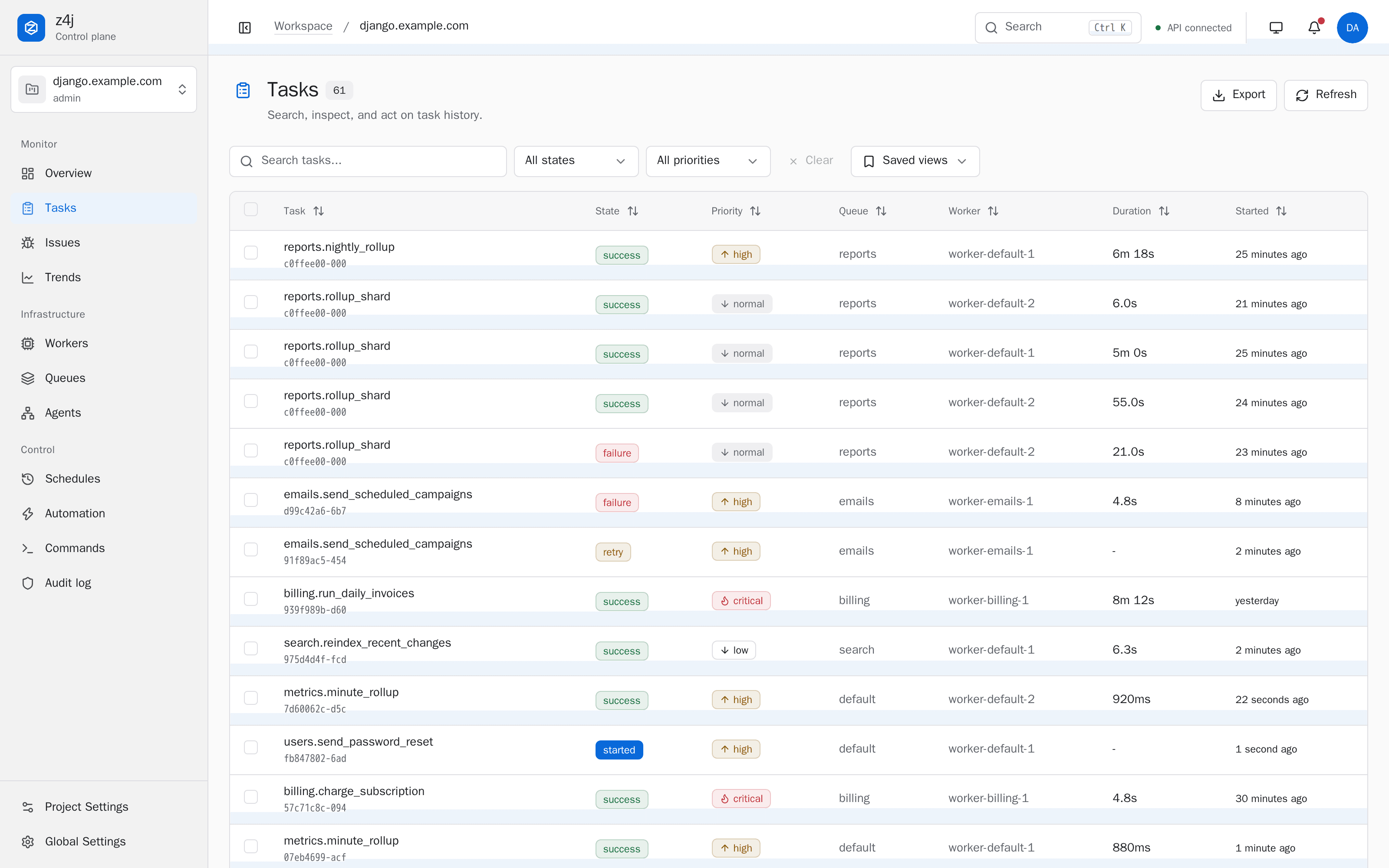 Task history with state, priority, queue, worker, duration and start time, plus search, filters and saved views